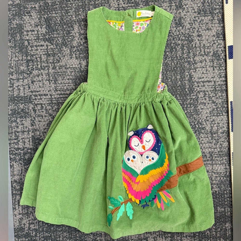 Mini Boden Green Corduroy Dress with Colorful Owl Applique